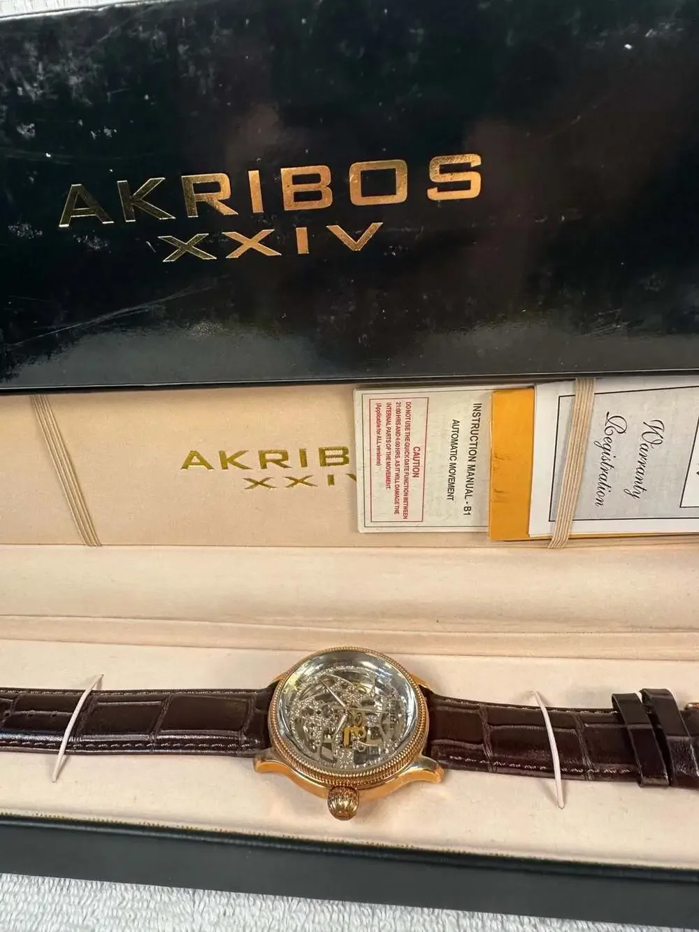 Akribos XXIV AK455RG Rose Gold Skeleton Automatic Leather Men's Watch